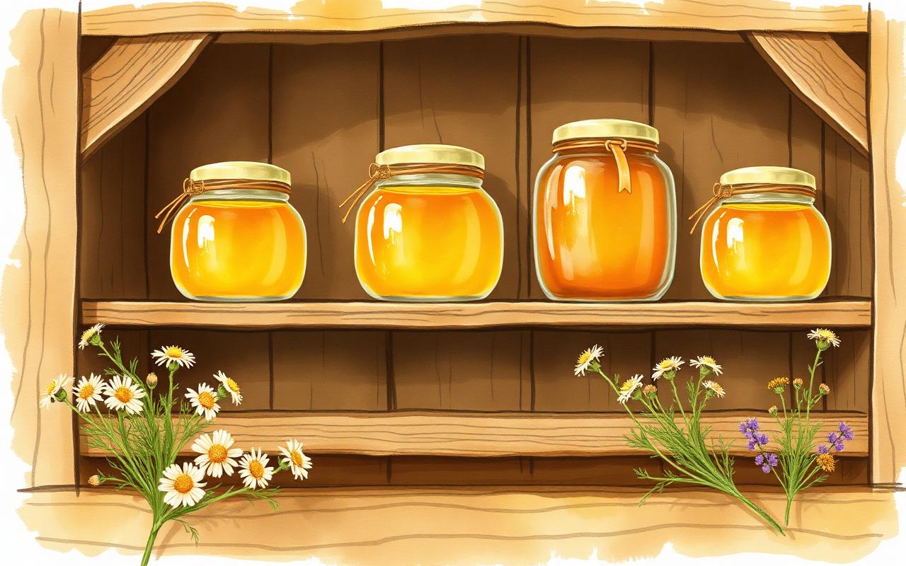 Jars of honey on a wooden shelf